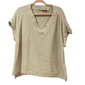 Belle Beach Kim Gravel Women 1X Cotton Gauze Star V Neck Top Boho Short Sleeve